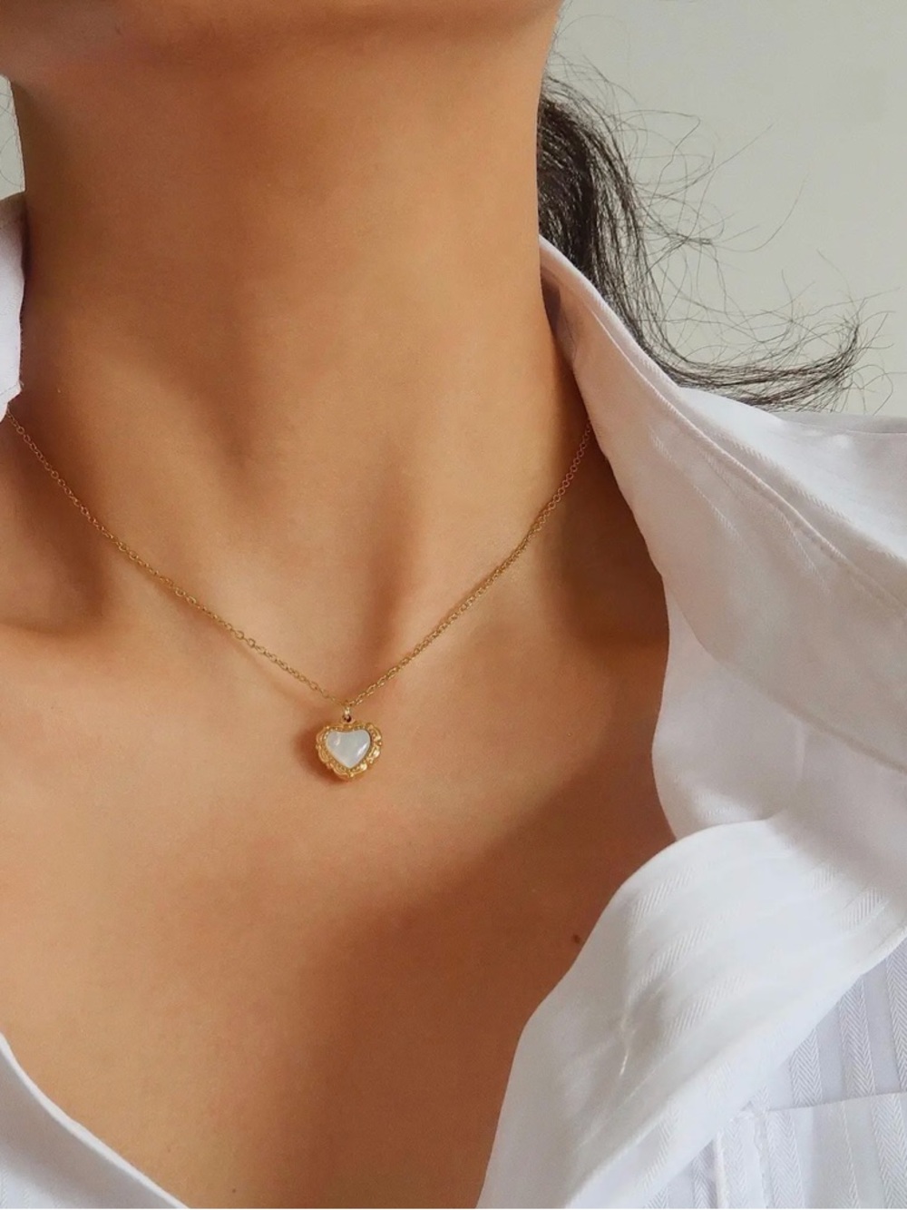 Non-Tarnish Gold Heart Pendant Necklace with White Mother-of-Pearl Center